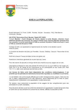 Avis à la population Informations relatives à la rénovation Pont Moutier